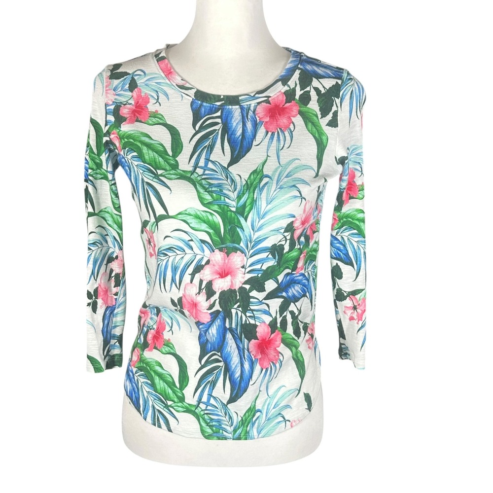 Tommy Bahama Ashby‎ Isles Top Women S White Tropical Hibiscus 3/4 Sleeve Cotton